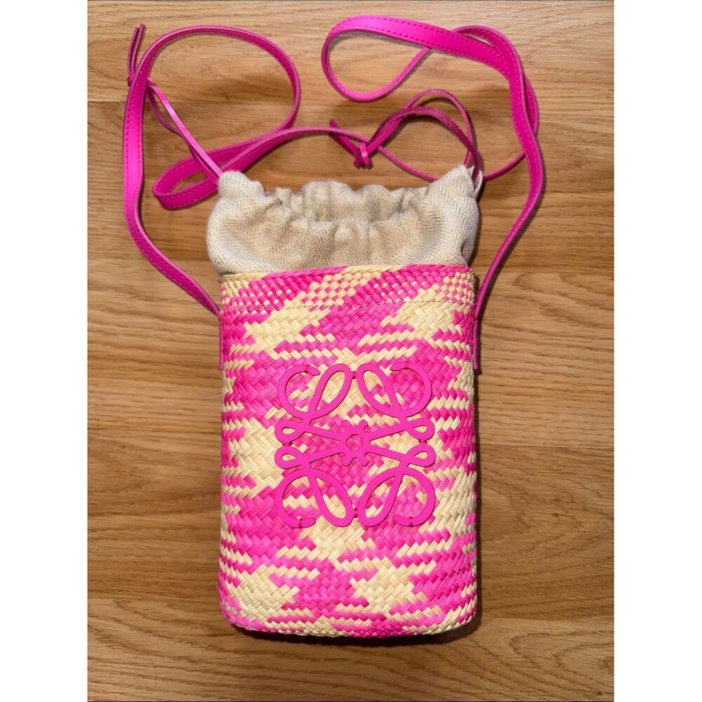 Loewe Raffia Hot Pink & Natural Woven Crossbody Bucket Ibiza Bag
